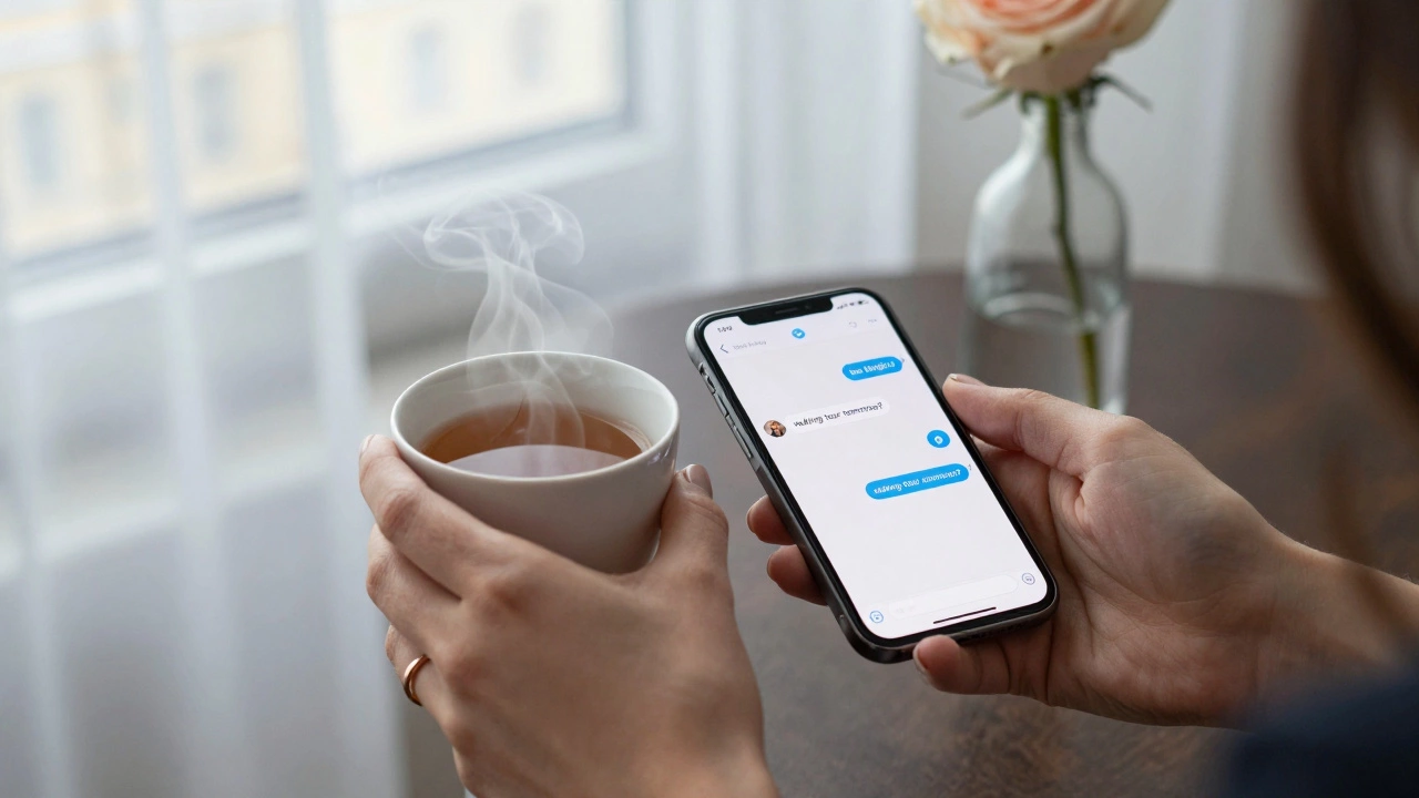 A woman&#039;s hands hold a cup of tea beside a smartphone showing coded messages about companionship.