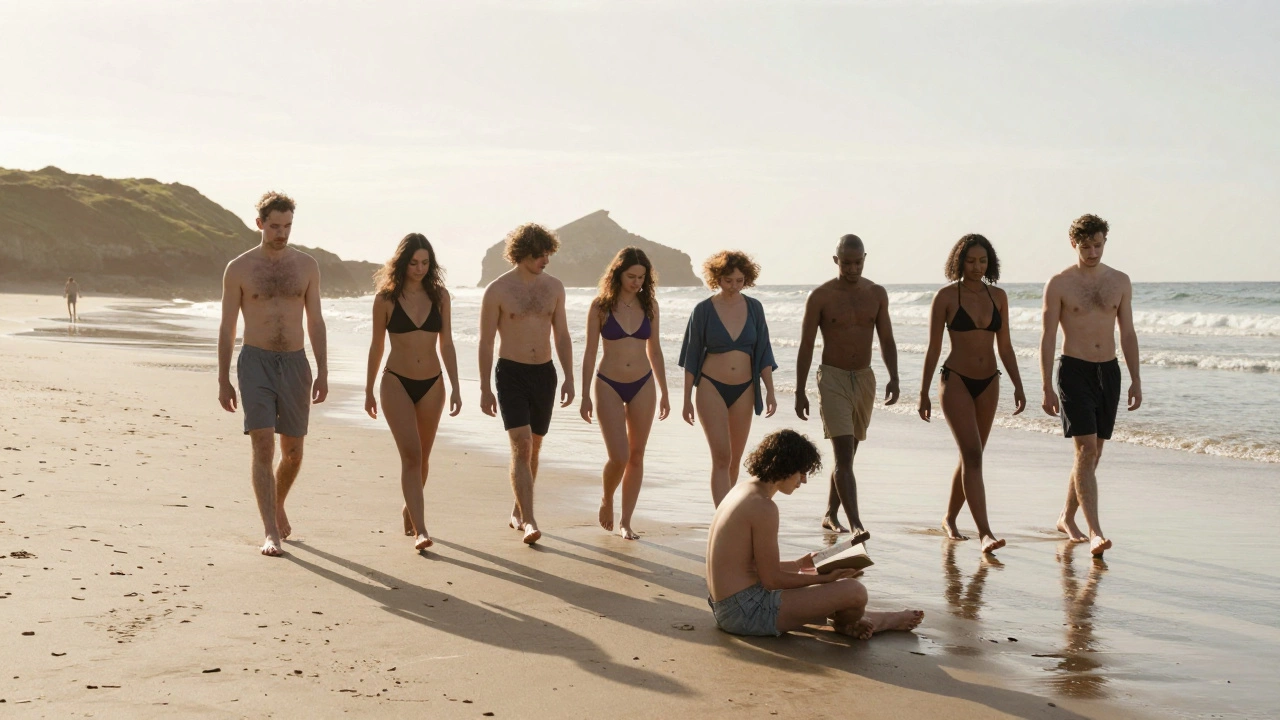 People walking peacefully on a nudist beach at sunset, no cameras or signs visible